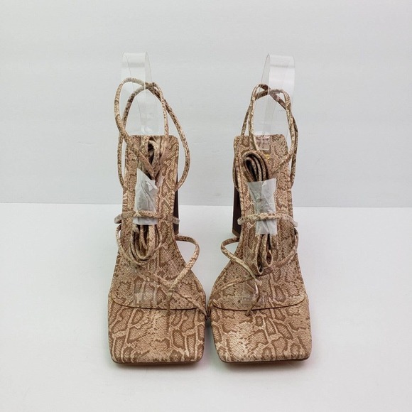 Miss Lola Rayez Womens Sz 8 Tan Snake Skin Pattern Ankle Ties 4.75" Heel Sandals - Picture 5 of 11